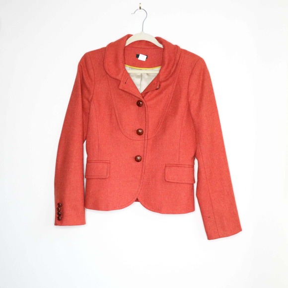 J CREW Bella Herringbone Wool Tweed Jacket Orange Size 6 Single Breasted